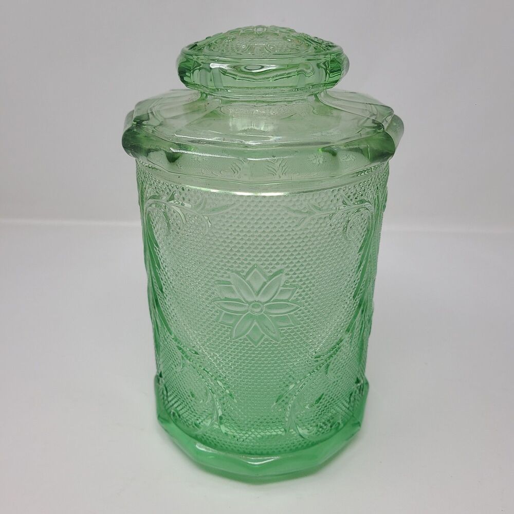 VTG Indiana Glass Tiara Chantilly Green Sandwich Cookie Jar 9” Canister Lid